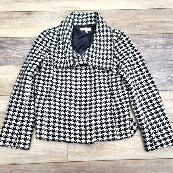 Talbots Women Wool Blend Jacket Coat Black White Houndstooth Shawl Collar 8p - Picture 1 of 13